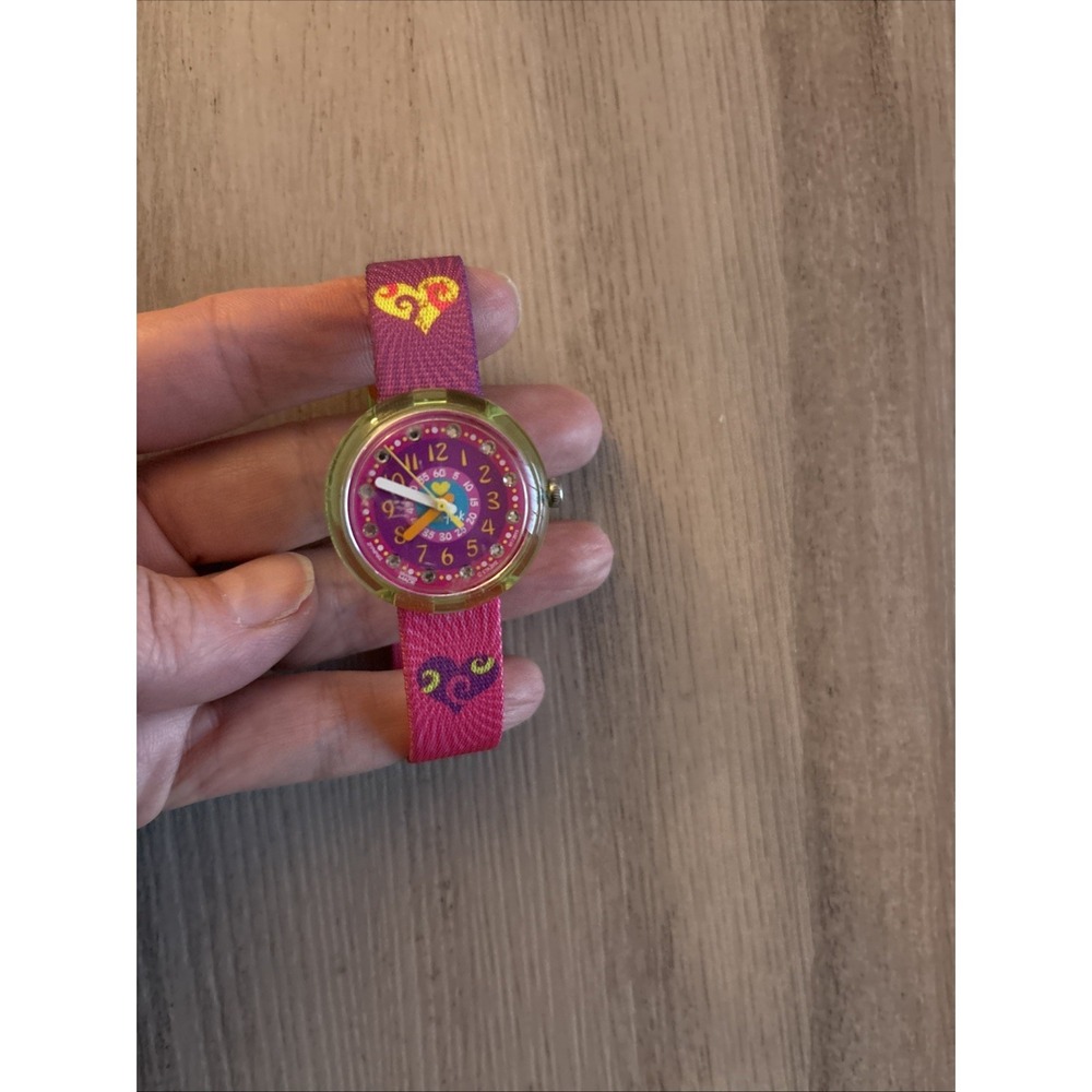 Vtg Flik Flak Girls 29mm Watch Pink, Green & Purple Tone Hearts works!